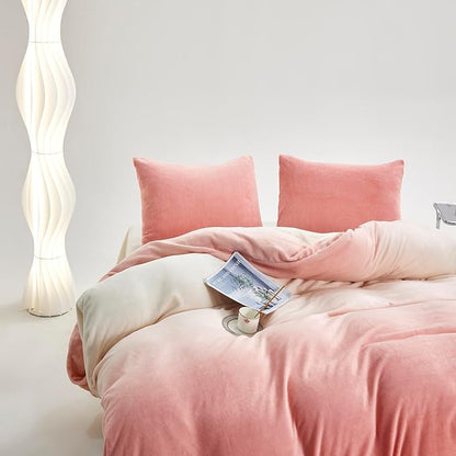 CLOTHKNOW Pink White Velvet Queen Comforter Set Fluffy Bedding Comforter Sets Warm Soft Gradient Pink White Comforter with 2 x Pillow Cases | Soft
