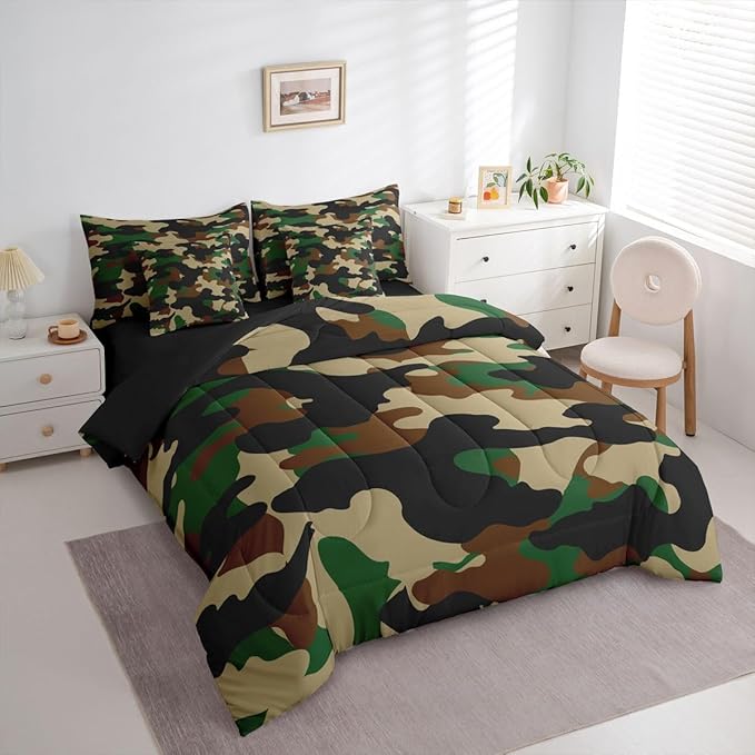 Erosebridal Camouflage 7 Piece Bedding Set King Camo Comforter Set with Sheets Dark Green Brown Black Bed in a Bag Rustic Farmhouse Abstract Bed Sets Comforter