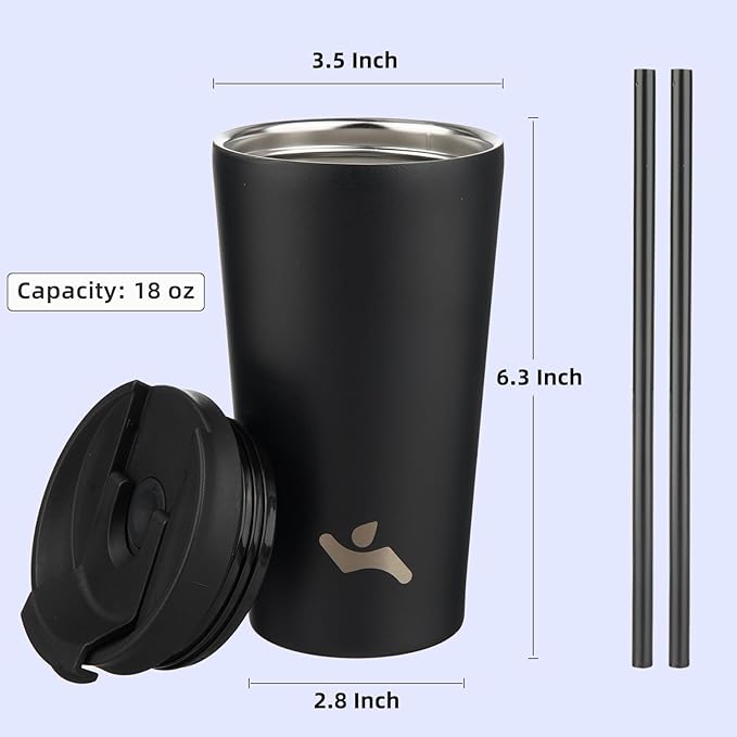 18 OZ Insulated Tumbler with Lid and 2 Straws Stainless Steel Water Bottle Vacuum Travel Mug Coffee Cup,Gray