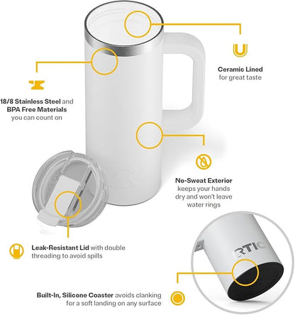 RTIC 20oz Road Trip Travel Mug with Lid and Handle, Ceramic Lined, Insulated, Stainless Steel, Metal, Double Wall Vacuum-Insulation, Portable Coffee, Tea Cup for Hot and Cold Drink, Cool Grey