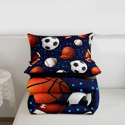 Ball Game Comforter Set for Kids Boys Teens,Baseball Duvet Insert Twin Size,Basketball Soccer Bedding Set Bedroom Decor,Glowing Neon Sports Theme Quilt Comforter with 1 Pillowcase All Season