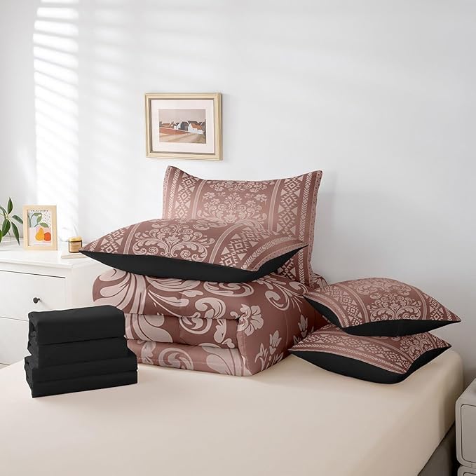 Comforter Set Twin Size, Coper Brown Damask Aztec 7 Pcs Bedding for Kids and Adults, Antique Decor Western Baroque Gothic Bed Sheet Sets with Fitted Sheet 2 Pillowcases & 2 Shams for Bedroom Bed Decor