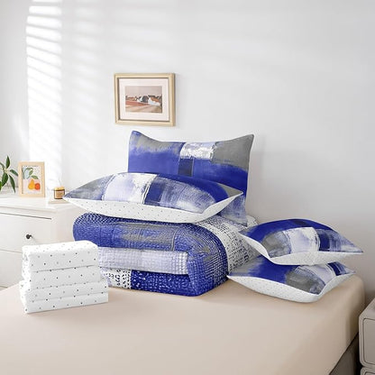 Erosebridal Navy Blue White Grey Bed in a Bag 7 Pieces Graffiti Bedding Comforter Sets with Flat Sheet and Fitted Sheet, Watercolor Twin Bedding Sets with Pillowcases and Throw Pillow Covers