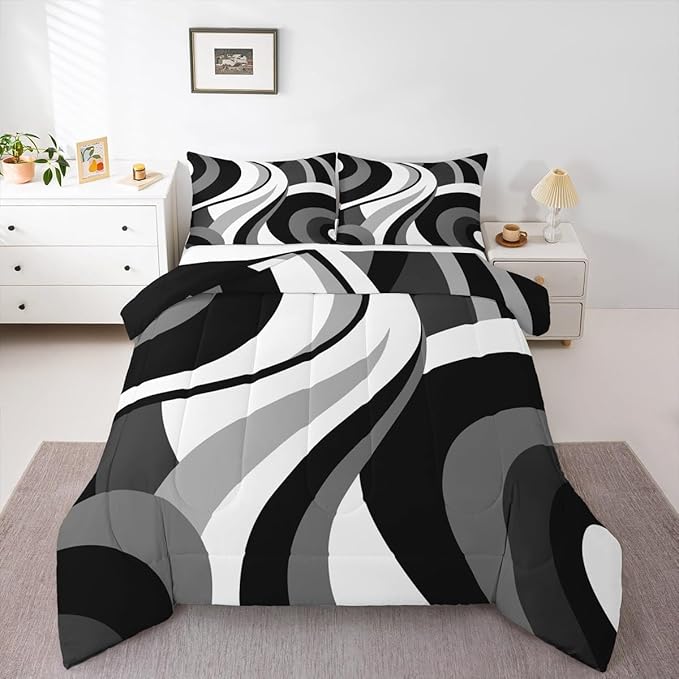 Gray Black White Spiral Twin Comforter Set for Adult Women Men Modern Swirls Stripes Abstract Bedding Set for Minimalists Boho Aesthetic Geometric Bed Sets Graffiti Art Lines Quilt Sets
