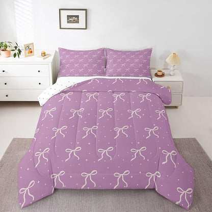 Erosebridal Ribbon Bow Comforter Queen Size Coquette Bowknot Comforter Set Cute Kawaii Preppy Bows Bedding Set for Teen Girls Kids Women Dreamy Princess Purple Aesthetic Quilt Duvet