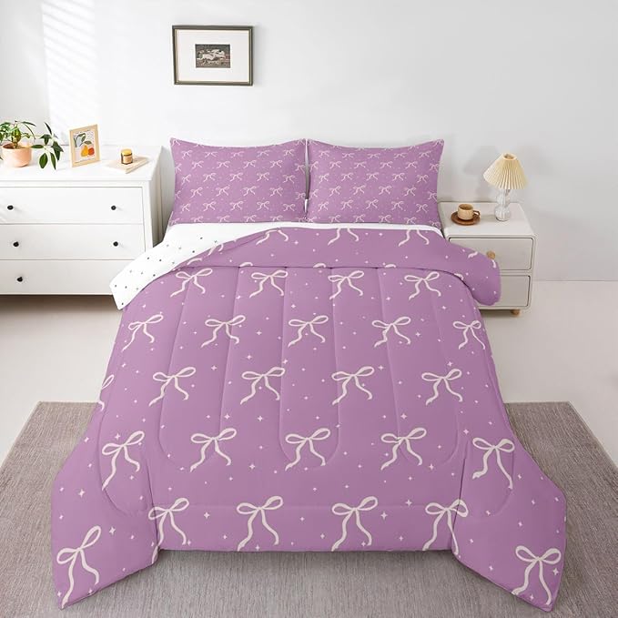Erosebridal Ribbon Bow Comforter King Size Coquette Bowknot Comforter Set Cute Kawaii Preppy Bows Bedding Set for Teen Girls Kids Women Dreamy Princess Purple Aesthetic Quilt Duvet