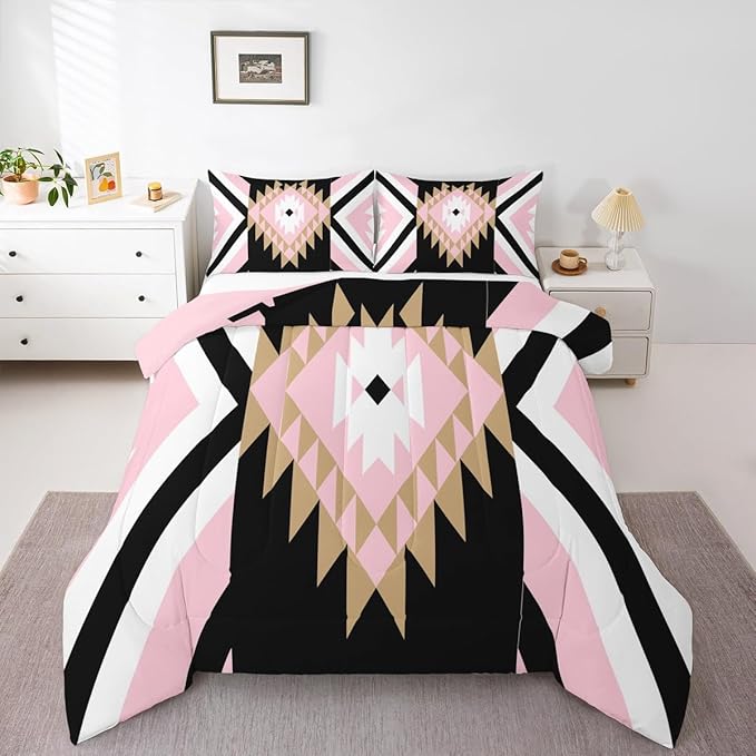 Feelyou Pink Black Boho Western Comforter Set Southwestern Aztec Tribal King Size Bedding Set for Kids Boys Girls Vintage Geometric Duvet Quilt