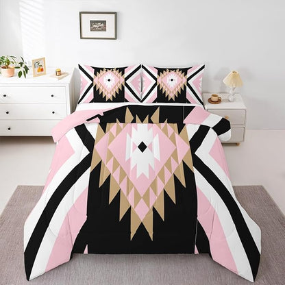 Feelyou Pink Black Boho Western Comforter Set Southwestern Aztec Tribal Twin Size Bedding Set for Kids Boys Girls Vintage Geometric Duvet Quilt