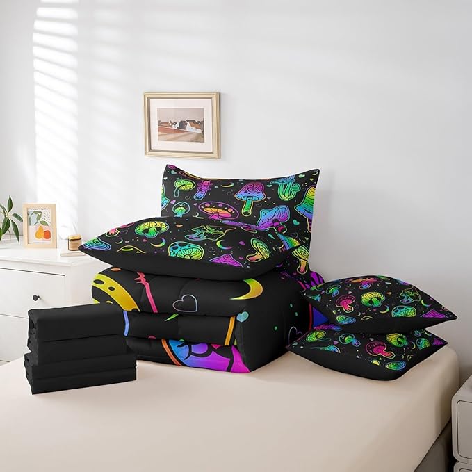Erosebridal Mushroom 7 Piece Comforter Set Full - Kawaii Bed in a Bag, Boho Exotic Botanical Plants Fitted Sheet for Kids, Girls, Boys, Teens - Rainbow Quilt Set, Cute Bedding
