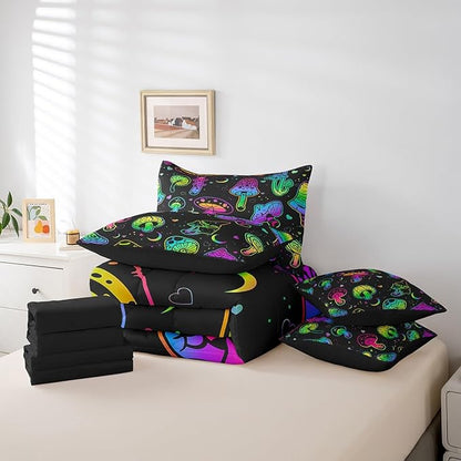 Erosebridal Mushroom 7 Piece Comforter Set - Twin Kawaii Mushroom Bed in a Bag - Boho Exotic Botanical Plants Fitted Sheet for Kids, Girls, Boys & Teens - Rainbow Quilt Set