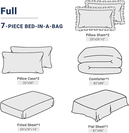 JOLLYVOGUE Navy Blue Full Size Comforter Sets 7 Pieces, Pintuck Bed in a Bag Comforter Set for Bedroom, Bedding Comforter Sets with Comforter, Sheets,Ruffled Shams & Pillowcases