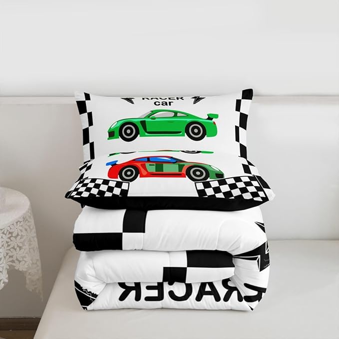 jejeloiu Boys Cartoon Racer Car Bedding Set King Size Black White Checkerboard Comforter Set for Kids Green Red Duvet Set Cute Car Quilt Set 3Pcs