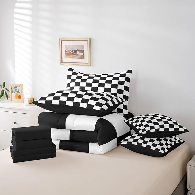 Feelyou Checkered Retro 7 Piece Bedding Set Teen Women Men Black White Plaid Comforter Set with Sheets Full Size Kids Boys Geometric Vintage Bed in a Bag Modern Simple Groovy Aesthetic Room Decor