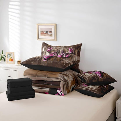 Erosebridal Aztec 7 Piece Bedding Set Twin Deer Skull Comforter Set with Sheets Board Camouflage Farmhouse Hunt Bed in a Bag Hunting Theme Purple Beige for Teens Men Women