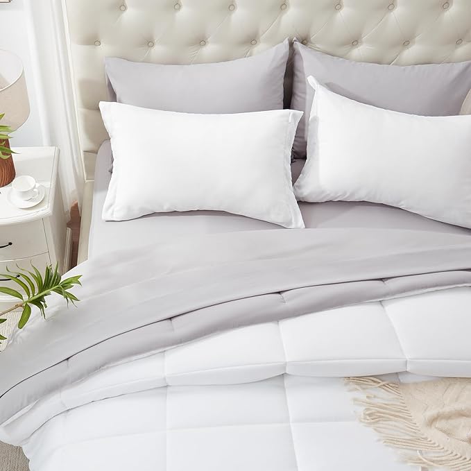 Anluoer King Size Bed in a Bag 7 Pieces, White Comforter Set with Sheets, All Season Bedding Sets with 1 Comforter, 2 Pillow Shams, 2 Pillowcases, 1 Flat Sheet, 1 Fitted Sheet