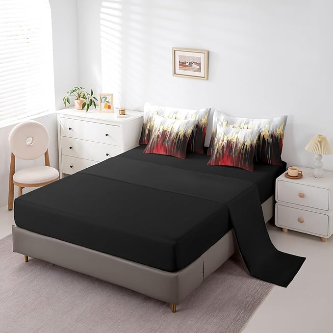 Burgundy Bed in a Bag 7-Piece Graffiti Ombre Bedding Set, Brush Strokes Oil Painting Queen Size Comforter Set Modern Contemporary Bedding Comforter Sets, Gold Metallic Abstract Gradient Bed Set