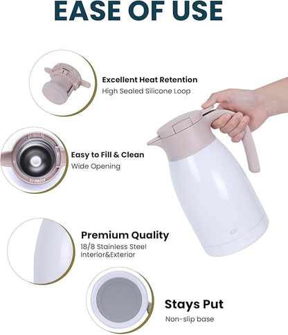 GiNT 50.7 Ounces Stainless Steel Thermal Coffee Carafe with Lid/Double Walled Vacuum Thermal Carafe / 12 Hour Heat Retention (White, 1.5L)