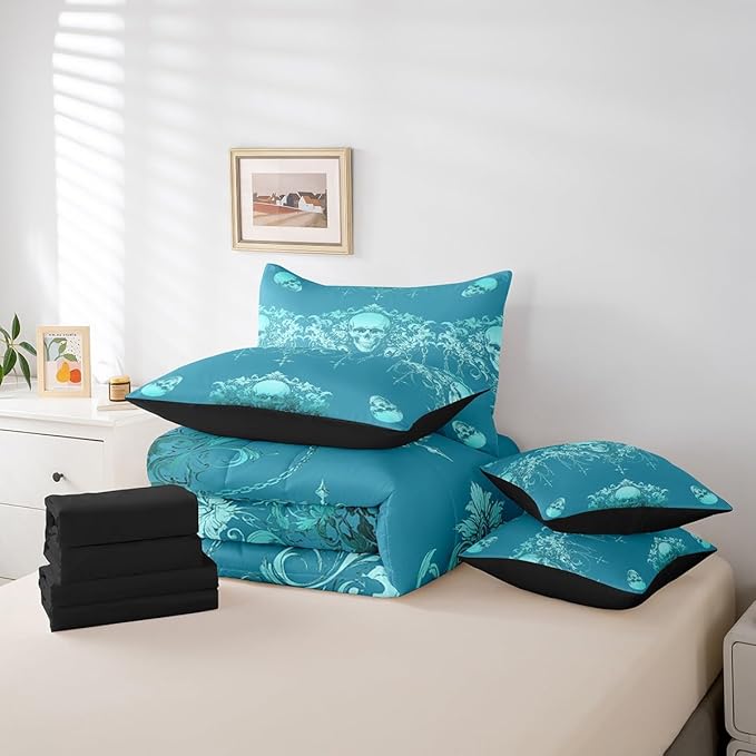 Erosebridal Gothic Bed in a Bag King Size Comforter Set 7 Pieces,Goth Sugar Skull Bedding Set,Cyan Teal Damask Bohemian Vintage Floral Comforter and Sheet Set,Exotic Antique Victorian Baroque Decor