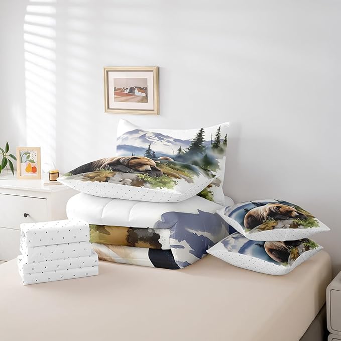 7Pcs Rustic Bear Print Comforter Set With Sheets, Twin Size Funny Brown Bear Bedding Bed In A Bag, Farmhouse Cabin Bed Set For Boys Kids Teens Watercolor Country Style Wild Animal Comforter