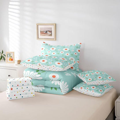 Feelyou Daisy Comforter Set with Sheets 7 Piece Twin Size Botanical Floral Printed Bedding Set for Kids Boys Girls Garden Plants Design Bed in a Bag Blue Room Decor Soft Lightweight Microfiber