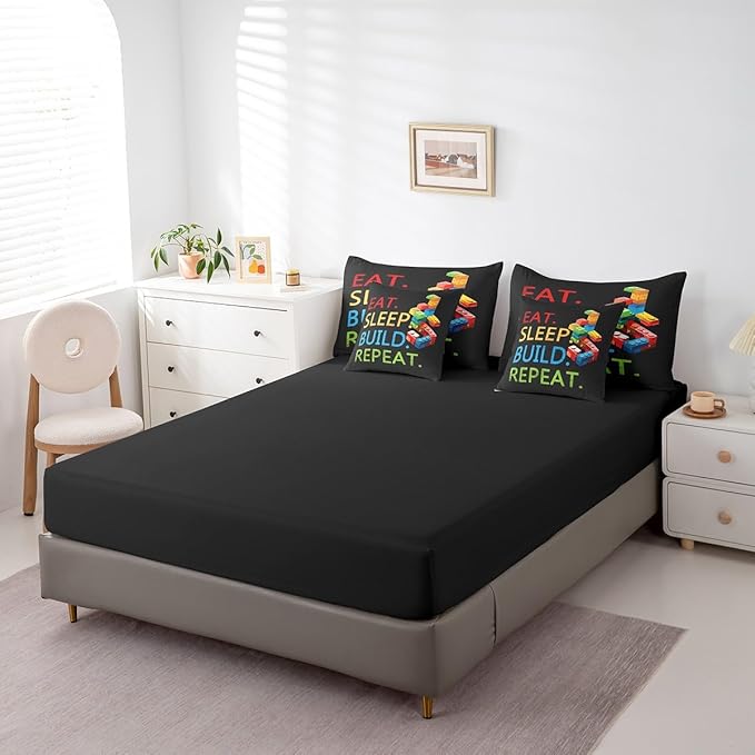 Feelyou Colorful Toy 7 Piece Bedding Set Teen Women Men Funny Building Blocks Decoration Comforter Set with Sheets King Size Kids Boys Cute Games Bed in a Bag Colorful Geometric Brick Room Decor