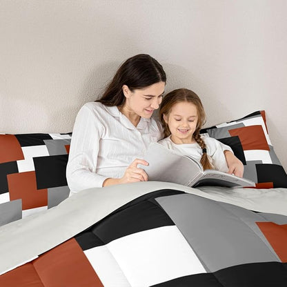Castle Fairy Red Grey Black Boys Girls Comforter Set,Geometric Grid Square Splicing Duvet Set for Room Decor,Modern Abstract Art Brushed Microfiber Soft Quilt Cover,Full Size,3 Pcs