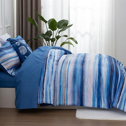 Holawakaka Beach Stripe Bedding Sets 6 Pieces, Blue Coastal Striped Comforter Set Queen Size All Season Geometric Bed Set, Nautical Bed in a Bag with Comforter, Sheets and Shams