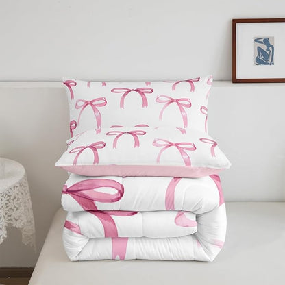 Feelyou Bow Bedding Set Boys Girls Twin Size Cute Bowknot Comforter Set for Kids Women Men Ultra Soft Pink Girls Bow Comforter Kawaii Bow Duvet Set Room Decor Lovely Decor Quilt Set