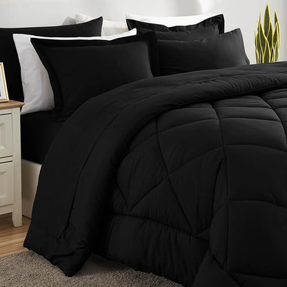 CozyLux Full Size Comforter Sets Black - 7 Pieces Bed in a Bag Full, Luxury Soft Bed Set for All Seasons, Bedding Set with Down Alternative Comforter, Sheets, Pillowcases & Shams