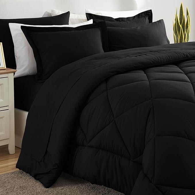 CozyLux California King Comforter Set Black - Cal King Bed in a Bag 7 Pieces, Luxury Soft Bed Set for All Seasons, Bedding Set with Down Alternative Comforter, Sheets, Pillowcases & Shams