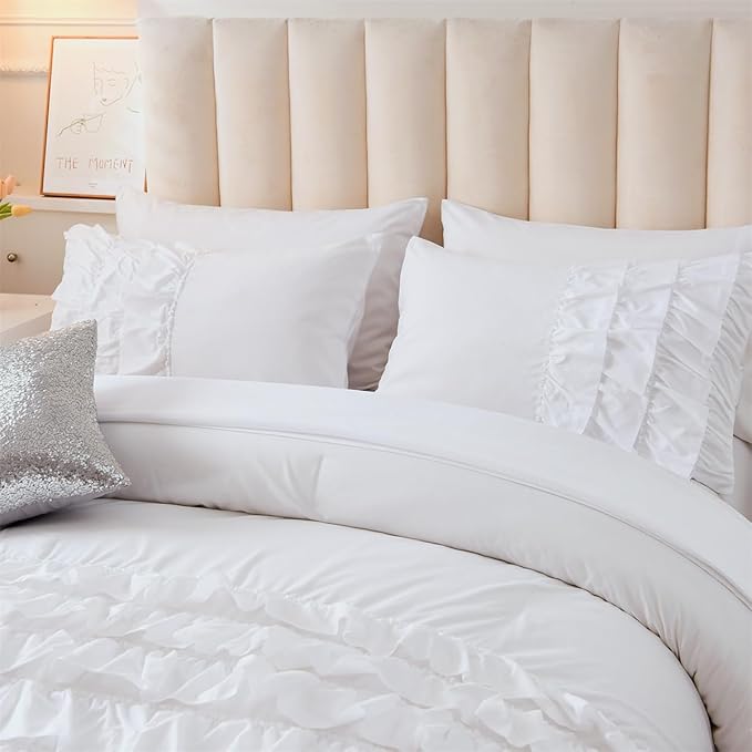 Holawakaka White Waterfall Ruffle Comforter Set Queen Size Multi-Layers Ruffled Shabby Chic 3PCS Bedding Set for Girls Women, White Queen