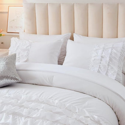Holawakaka White Waterfall Ruffle Comforter Set Queen Size Multi-Layers Ruffled Shabby Chic 3PCS Bedding Set for Girls Women, White Queen