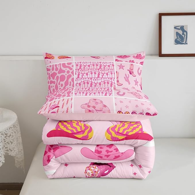 Feelyou Pink Western Decor Comforter Queen Size Wild West Cowgirl Comforter Set for Boys Girls Children Cowgirl Boots Hats Horseshoes Bedding Set Room Decor Patchwork Grid Duvet Set 3Pcs
