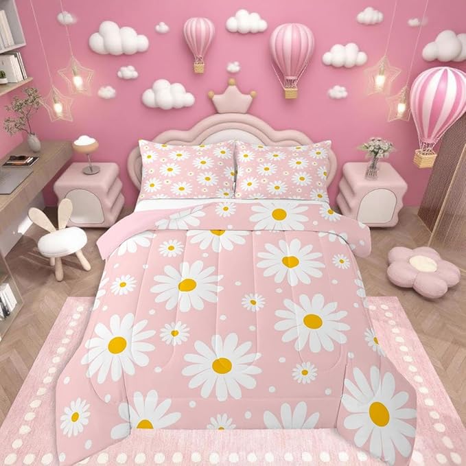 Erosebridal Flower Comforter Set Pink Daisy Floral Girls Twin Bedding Set Cute Cartoon Flowers Comforter for Kids Teen Women Bedroom All Season,Kawaii Bed Set with 1 Pillowcase