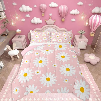 Erosebridal Flower Queen Comforter Set Pink Daisy Floral Girls Bedding Set Cute Cartoon Flowers Comforter for Kids Teen Women Bedroom All Season,Kawaii Bed Set with 2 Pillowcases
