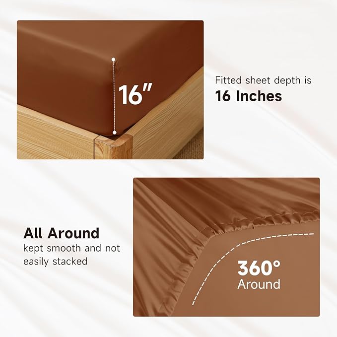 THXSILK Luxury Mulberry Silk Bed Sheets Set - 4pcs Silk Sheets Set 16" Deep Pocket - 1 Fitted Sheet, 1 Flat Sheet, 2 Pillowcases with Zipper Closure - Full, Brown