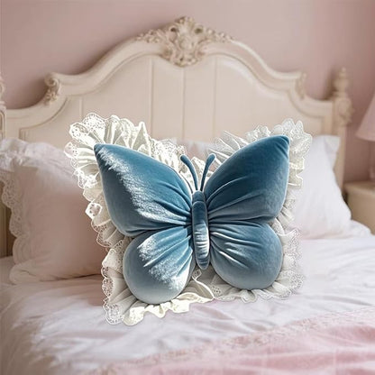 Butterfly Throw Pillow,21.6 inch Velvet Butterfly Decorative Pillow with Lace Trim,Animal Pillow for Couch Living Room Bed,Home Garden Decor (Blue)