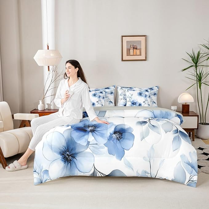 Erosebridal Blue Flower Queen Comforter Set with Sheets for Women, Boho Floral 7 Pcs Bedding Set for Girls, Aesthetic Watercolor Flower Bed Sets, Ink Painting Style Blossom & Leaf Bed in A Bag