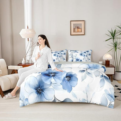 Erosebridal Blue Flower King 7 Pcs Bedding Set for Women, Boho Floral Comforter Set with Sheets for Girls, Aesthetic Watercolor Flower Chic Bed Sets, Ink Painting Style Blossom & Leaf Bed in A Bag