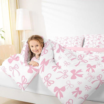 Erosebridal Pink Bow Bedding Set for Girls,Cute Kawaii Bowknot Comforter Set Queen Size for Kids Teen Women,Romantic Coquette Bow Bedding Comforter Sets Dreamy Princess Style Bed Set