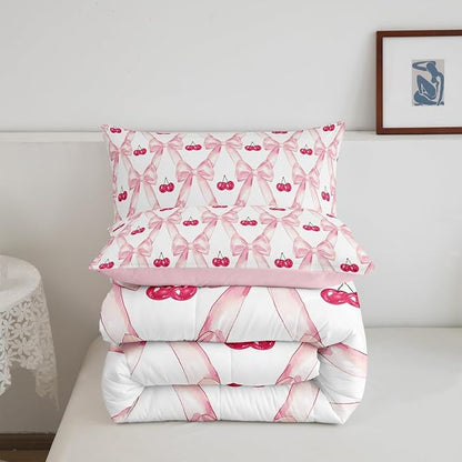 Erosebridal Cute Ribbon Bow Girls Bedding Set,Pink Kawaii Cherry Bedding Comforter Sets for Kids Teen Women Bedroom Decor King,Watercolor Bow Comforter Set Abstract Bowknot Grids Quilt Duvet