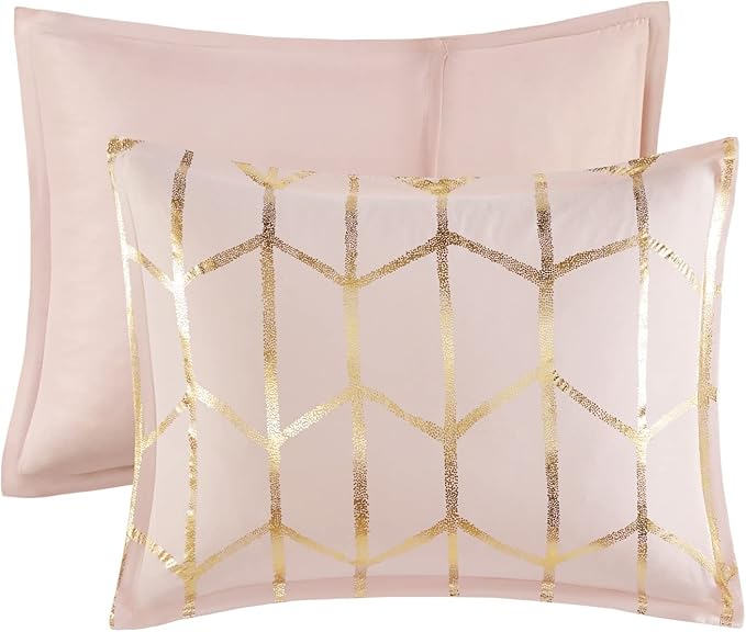 Intelligent Design Raina King/Cal King Comforter Set, Soft Microfiber, Modern Geometric Metallic Bed Set, 5 Pieces College Bedding with 2 Shams, 2 Toss Pillows Blush/Gold