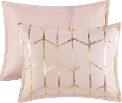 Intelligent Design Raina King/Cal King Comforter Set, Soft Microfiber, Modern Geometric Metallic Bed Set, 5 Pieces College Bedding with 2 Shams, 2 Toss Pillows Blush/Gold