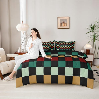 Checkered Retro Comforter Set with Sheets 7 Piece King Size Green Red Yellow Plaid Bedding Set for Kids Boys Girls Geometric Vintage Bed in a Bag Modern Simple Groovy Aesthetic Room Decor Soft