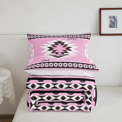 Feelyou Rustic Western Bedding Set King Size Kids Pink Southwestern Aztec Comforter for Boys Girls Teens Western Horse Animals Comforter Set Soft Microfiber Boho Geometric Room Decor