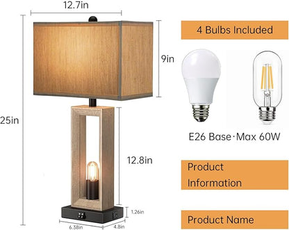 Farmhouse Wood Table Lamps for Living Room, 3 Color Temperature Adjustable & USB-A/C Charging Ports Nightstand Lamps, 4 LED Bulbs Included