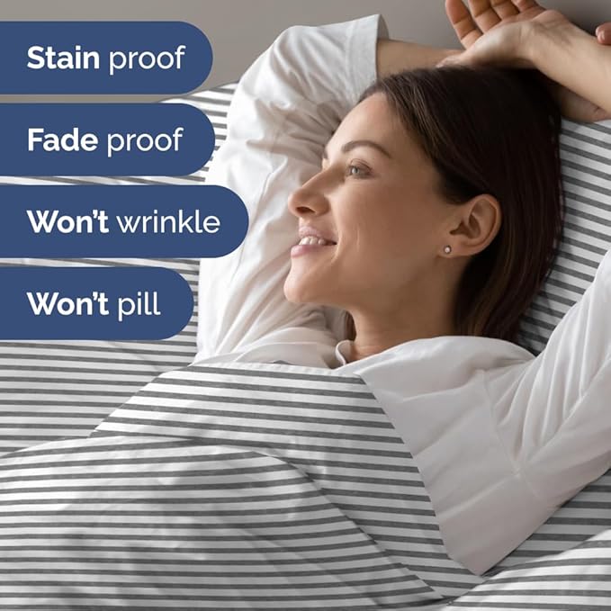 Short Queen RV Size 4 Piece Sheet Set - Comfy Breathable & Cooling Bed Sheets Set - Hotel Luxury Bedding for Women, Men, Kids, Teens, Boys & Girls - Deep Pockets, Ultra-Soft, Oeko-Tex - Grey Stripes