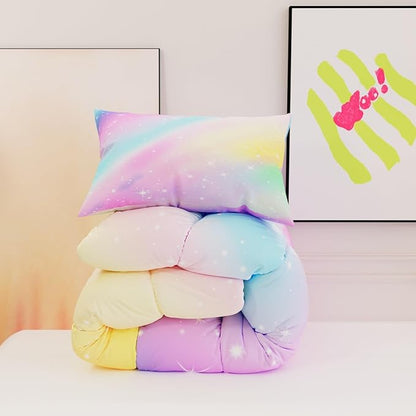 Pink Rainbow Comforter Sets for Girls Kids Adults,3D Pattern with Bright Colors,Decorative Bedding Comforter Sets with 2 Pillow Shams, Full Size