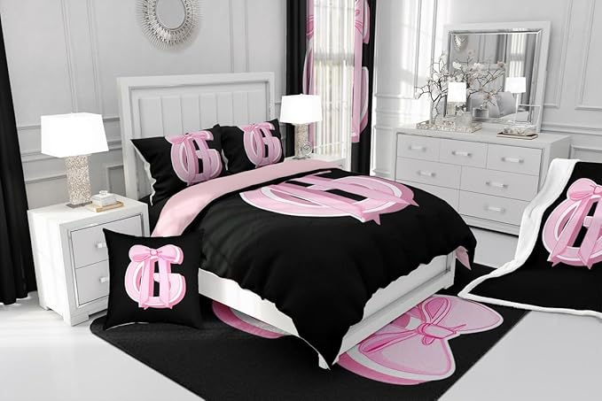 jejeloiu Kids Girls Black Pink Bow Comforter Set with Sheets Full Size Monogrammed 7 Piece Bedding Set Personalized Initial G Bed in a Bag with Comforter,Sheets,Pillowcases Modern Fashion Bed Set