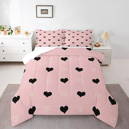 Girls Comforter Set King Size Cute Heart Pattern Bedding Set Lovely Pink Black Down Comforter Cartoon Geometric Soft Quilt Set Girly Kawaii Bedroom Decor Gift Modern Duvet Set with 2 Pillowcases